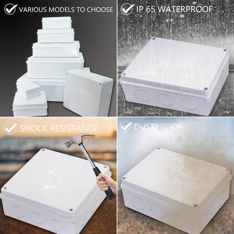 Collage of white Outdoor IP65 Waterproof Junction Box With Eight Reserved Holes ABS Plastic Electrical Enclosure showing durability features.