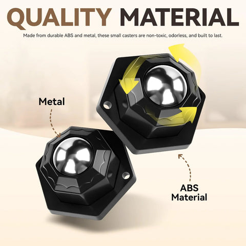 Close-up of Heavy Duty Self Adhesive Swivel Caster Wheels showing ABS and metal materials with swivel directions.