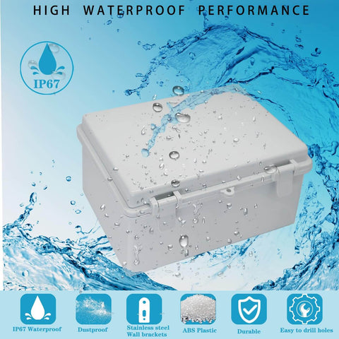 Weatherproof Outdoor Electrical Box IP67 ABS Plastic Enclosure With Mounting Plate And Wall Brackets, water droplets on surface