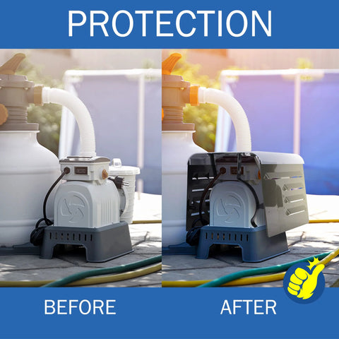 ABS Adjustable Pool Pump Motor Cover For Above Ground Outdoor Units Protects Water Pumps From UV Rain Dust And Sun Extending Lifespan Of Pool And Well Pumps Weatherproof Motor Sleeve With Easy Installation Instructions For Seasonal Use before and after installation comparison