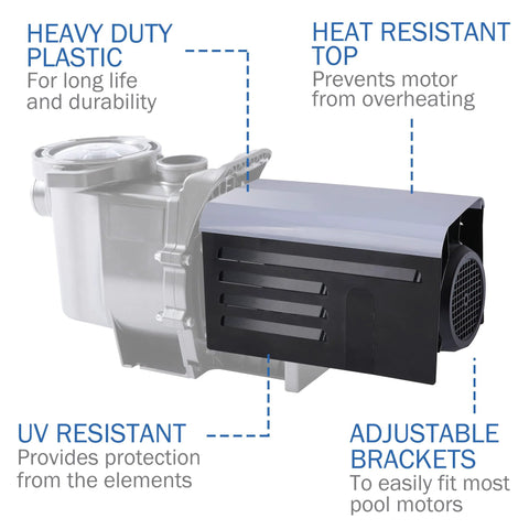 ABS Adjustable Pool Pump Motor Cover displaying heavy duty plastic, heat resistant top, UV resistant features for outdoor above ground units.