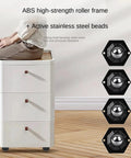 Eight Pack Heavy Duty Self Adhesive Swivel Caster Wheels For Furniture Storage Bins Cabinets And Appliances 1 Inch Low Profile Universal Wheels 30 LB Capacity Each Easy No Drill Adhesive Installation Surface Safe next to a cabinet with wheels.