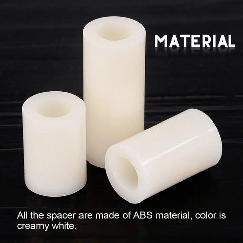 Close-up of Nylon PA66 Spacer Standoff Kit 150 Pcs Non Conductive Round Spacers for M6 Screws in creamy white ABS material.