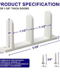 Product specifications of ABS Sliding Closet Door Floor Guide for 1-3/8" doors, showing dimensions and screws included, 4 Packs.