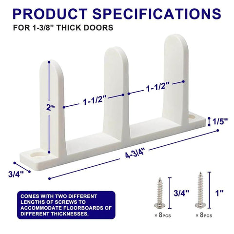 Product specifications of ABS Sliding Closet Door Floor Guide for 1-3/8" doors, showing dimensions and screws included, 4 Packs.