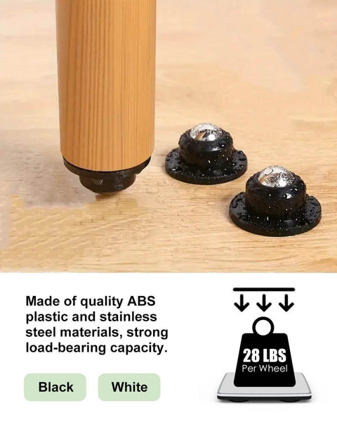 Close-up of black and white hardwood utility cart wheel with 28 lbs capacity on wood floor. Text highlights material and strength.