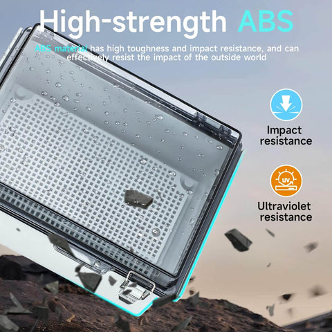 High-strength ABS IP67 Waterproof Electrical Junction Box with Clear Enclosure, hinged cover showcasing impact resistance.