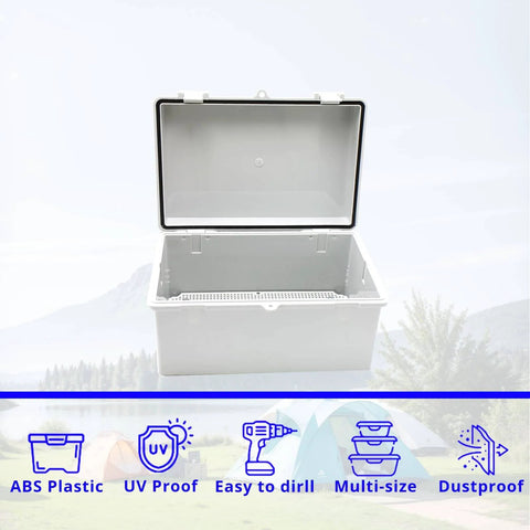 Waterproof Outdoor Electrical Enclosure Box With Wall Bracket Built To Handle The Elements IP65 Rated ABS Plastic Weatherproof Junction Box open view showing interior