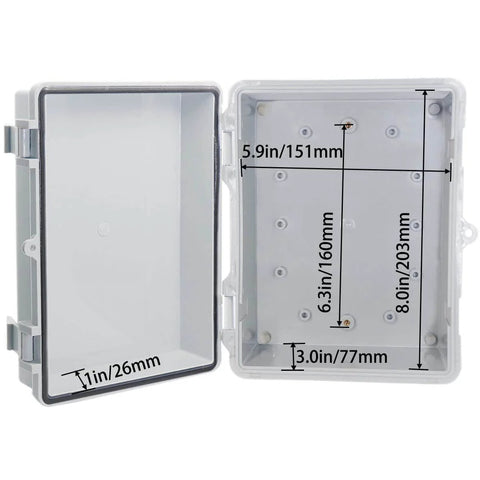 Weatherproof Outdoor Electrical Box IP67 ABS Plastic Enclosure with Mounting Plate and Wall Brackets open view, grey, measurements shown