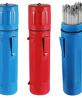 Two Pack 14 Inch Welding Rod Storage Tubes In Red And Blue Airproof And Waterproof Electrode Canisters For Keeping Stick Electrodes Organized By Type Or Size On The Job Site.