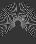 Symmetrical arc of straight lines converging at a central point on a dark background, resembling a burst pattern.