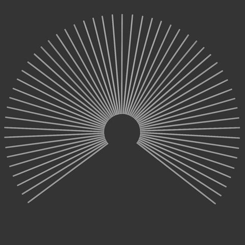 Symmetrical arc of straight lines converging at a central point on a dark background, resembling a burst pattern.