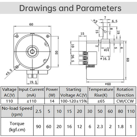 Technical drawing and parameters of 2.5RPM Synchronous Gear Motor, AC Motors 110V 60KTYZ CW/CCW High Torque Permanent Magnet Micro Electric Motor