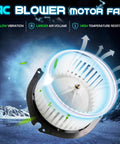 HVAC Heater Blower Motor Fan Assembly for Chevy Express and GMC Savana with airflow illustration