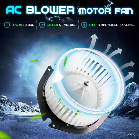 HVAC Heater Blower Motor Fan Assembly for Chevy Express and GMC Savana with airflow illustration