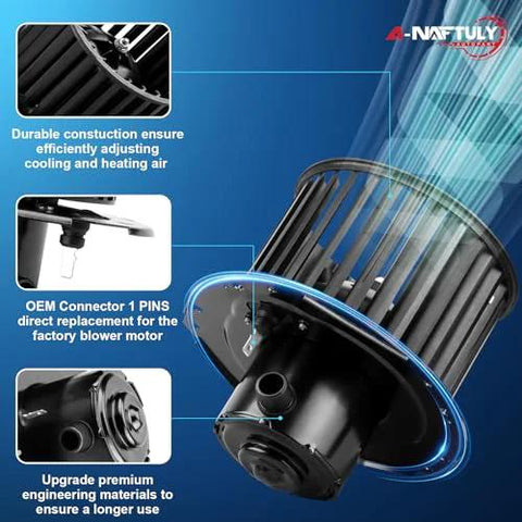 AC Blower Motor Replacement With Fan For 1992 To 1996 Chevy Suburban C1500 C2500 K1500 K2500 Tahoe Astro G10 G20 GMC Sierra Yukon Safari HVAC Heater Blower Motor Fits Front Dash To Restore Strong Airflow And Climate Control 700103, detailed view showcasing durable construction and OEM connectors.
