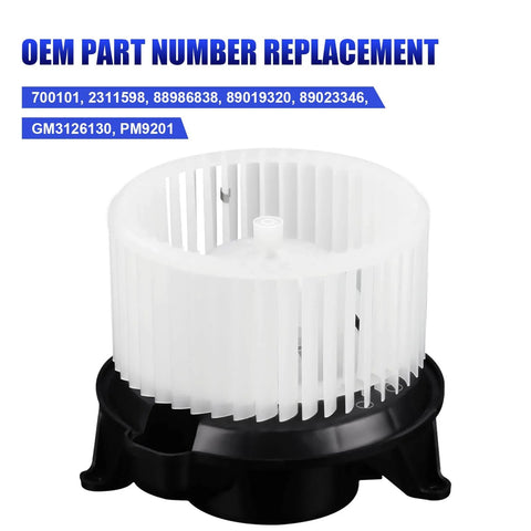 AC Blower Motor With Fan Fits 2003 To 2009 Hummer H2 And 2003 To 2007 Silverado Avalanche GMC Sierra 1500 2500 3500 HD Cadillac Escalade HVAC Heater Blower Replacement Replaces 700101, showing front view with white fan blades and black base