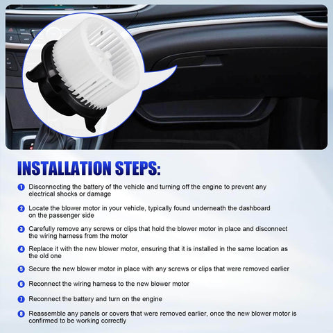 Installation steps for AC Blower Motor With Fan Fits 2003 To 2009 Hummer H2 And 2003 To 2007 Silverado Avalanche GMC Sierra 1500 2500 3500 HD Cadillac Escalade HVAC Heater Blower Replacement Replaces 700101