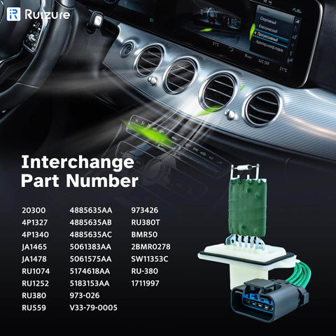 AC Blower Motor Resistor For Dodge Durango Dakota Grand Caravan Aspen Jeep Commander Chrysler Town And Country 2001 Through 2010 HVAC Heater AC Replacement Part with interchange part numbers displayed, showing resistor design and plug connection parts.