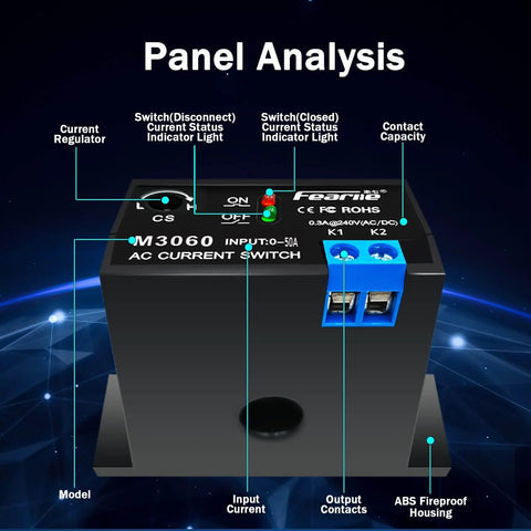 Front view of AC Current Sensing Switch Relay 0 to 50 Amp Normally Open Or Normally Closed Current Sensor Monitoring Relay M3060