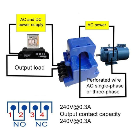 Diagram of Non Contact AC Current Switch Transducer With NO And NC Contacts, 1.6 To 50 Amp Range, shows power connections.