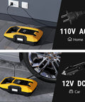 AC DC Tire Inflator Portable Air Compressor With Dual Power Supply in use, plugged into home socket and car 12V outlet.