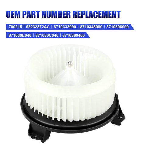 Front view of AC Heater Blower Motor Fan Assembly For Toyota Camry Tundra 4Runner Avalon Highlander Venza Lexus ES350 RX350 Fits 2007 2008 2009 2010 2011 2012 2013 2014 2015 2016 2017 2018 Direct Fit Replacement with OEM part numbers displayed.