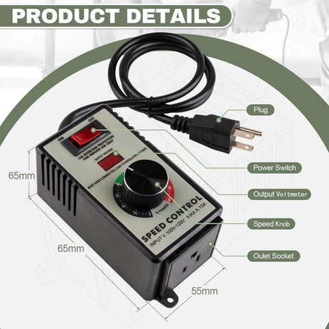 AC Motor Speed Controller 100V-120V 15A Variable Speed Regulator with LED Display, power switch, speed knob, and outlet socket