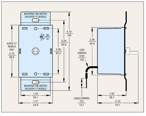Diagram of Solid State Variable Speed AC Electric Motor Control, 6.0 Max amp, 115V, # K177-1006 with dimensions and wire lengths.