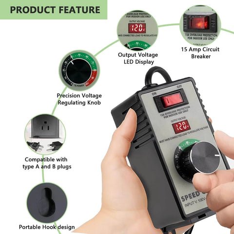 AC Motor Speed Controller 120V 15A Max with LED display and regulating knob, overload protection, for fans and hydroponics.