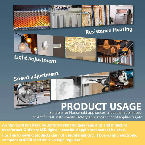 Product usage for AC Motor Speed Controller 100V-120V 15A Max Variable Fan Speed Controller, Electronic Voltage Regulator with images of heating, lighting, and speed adjustment applications