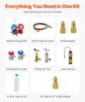 All-in-One AC Vacuum Pump And Gauge Kit With Leak Detector Hoses including manifold gauge, hoses, adapters, and oil by VEVOR.