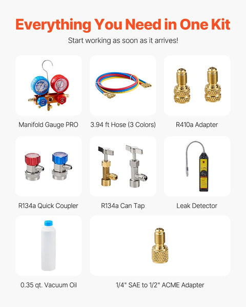 All-in-One AC Vacuum Pump And Gauge Kit With Leak Detector Hoses including manifold gauge, hoses, adapters, and oil by VEVOR.