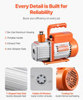 All-in-One AC Vacuum Pump And Gauge Kit With Leak Detector Hoses For Auto And HVAC Service, features labeled details for reliability.