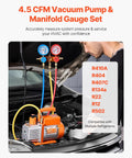 Technician using All-in-One AC Vacuum Pump And Gauge Kit With Leak Detector Hoses For Auto And HVAC Service in a car engine
