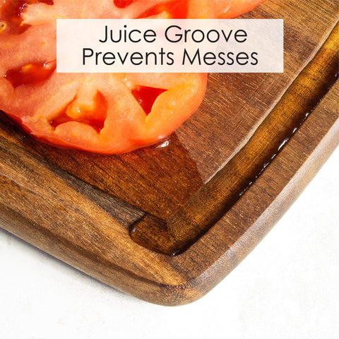 Close-up of Acacia Wood Cutting Board With Juice Groove For Everyday Kitchen Prep Kitchen Workhorse 15 Inch By 10 Inch Durable Carving Board For Meat And Veggies Easy Juice Containment Great For Serving TB Home with tomato slices and juice groove.