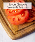 Juicy tomato slices on an Acacia Wood Cutting Board With Juice Groove For Juicy Roasts And Fish Filleting, Oblong Shape Measuring 15-3/4 Inches By 7-7/8 Inches, demonstrating the juice groove feature.