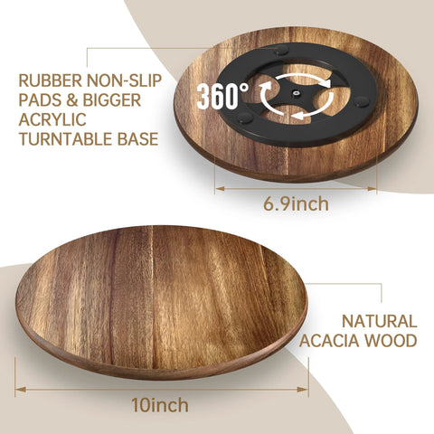 10 Inch Acacia Wood Lazy Susan Turntable For Kitchen Countertop And Cabinet Organization with 6.9" acrylic base and 360° rotation