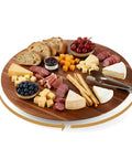 Acacia Wood Turntable Organizer Lazy Susan 21 Inch with cheese and fruits, perfect for tabletop, kitchen island, or dining table use.