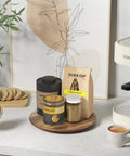 10 Inch Acacia Wood Lazy Susan Turntable For Kitchen Countertop And Cabinet Organization with condiments and snacks