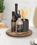10 Inch Acacia Wood Lazy Susan Turntable For Kitchen Countertop And Cabinet Organization with condiments and utensils