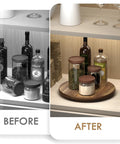 Before and after of kitchen shelf with 10 Inch Acacia Wood Lazy Susan Turntable for kitchen countertop and cabinet organization.
