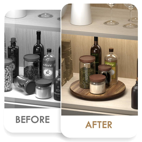 Before and after of kitchen shelf with 10 Inch Acacia Wood Lazy Susan Turntable for kitchen countertop and cabinet organization.