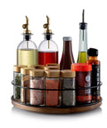 Acacia Wood Lazy Susan Turntable With Black Wire Base 360 Degree Rotation Rotating Kitchen Organizer holding spices and oils.