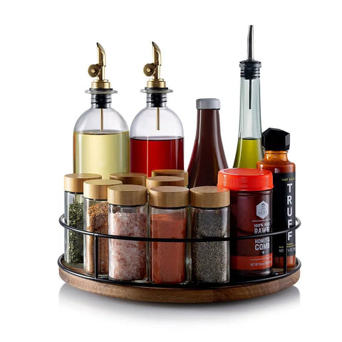 Acacia Wood Lazy Susan Turntable With Black Wire Base 360 Degree Rotation Rotating Kitchen Organizer holding spices and oils.