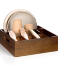 Acacia Wood Utensil Holder for Party Wood Silverware Caddy Organizer Wooden Kitchen Utensil Holder for Counter Paper Plate with 6 Compartments