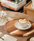 Acacia Wood Lazy Susan Turntable Organizer 8-Inch Round Rotating Serving Tray with coffee cup on table