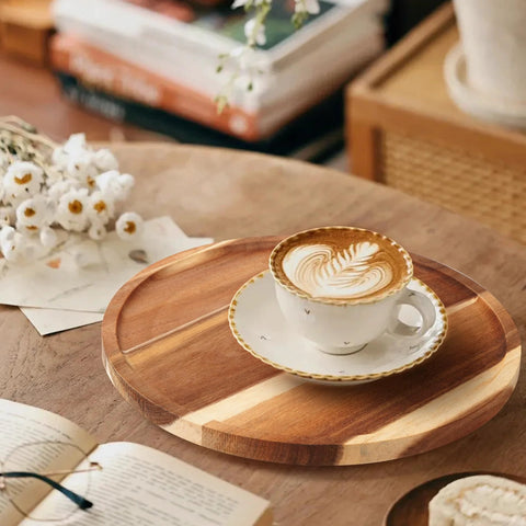 Acacia Wood Lazy Susan Turntable Organizer 8-Inch Round Rotating Serving Tray with coffee cup on table
