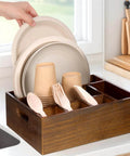Acacia Wood Utensil Holder for Party Wood Silverware Caddy Organizer Wooden Kitchen Utensil Holder for Counter Paper Plate with 6 Compartments