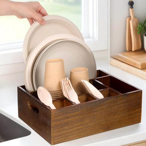 Acacia Wood Utensil Holder for Party Wood Silverware Caddy Organizer Wooden Kitchen Utensil Holder for Counter Paper Plate with 6 Compartments